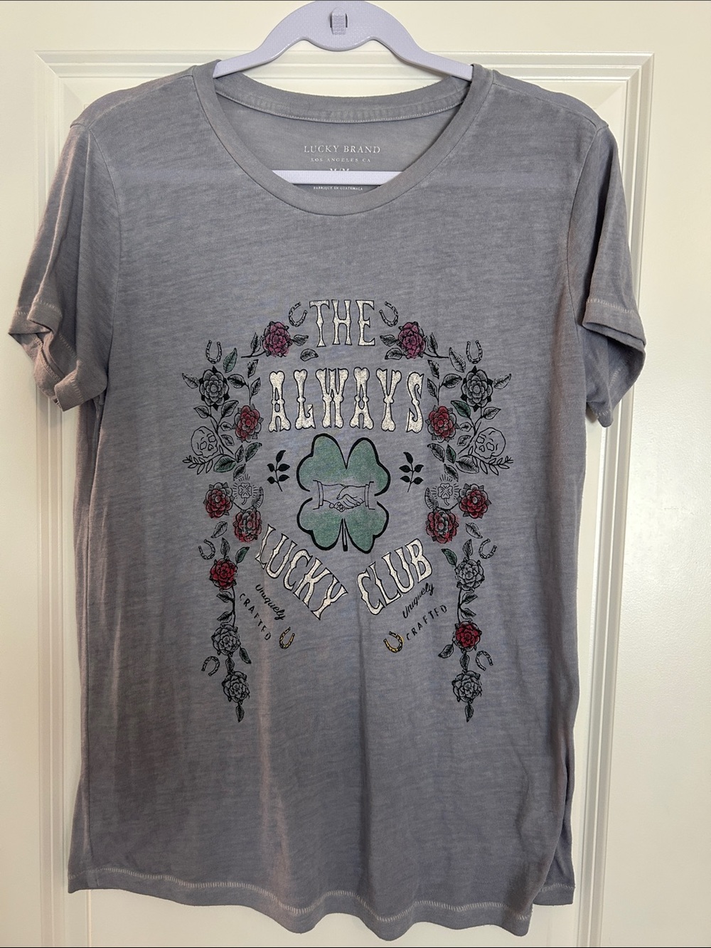 Lucky Brand Gray Tee with Green Clover and Red Rose Accents